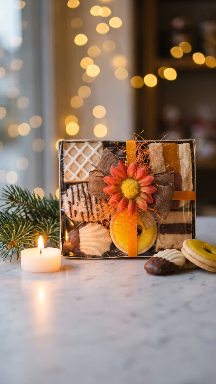 Studio-Bild, mit KI neu inszeniert: dieselbe Box auf Marmor, mit Kerze, Tannenzweig und Lichterkette. Das Produkt ist unverändert.