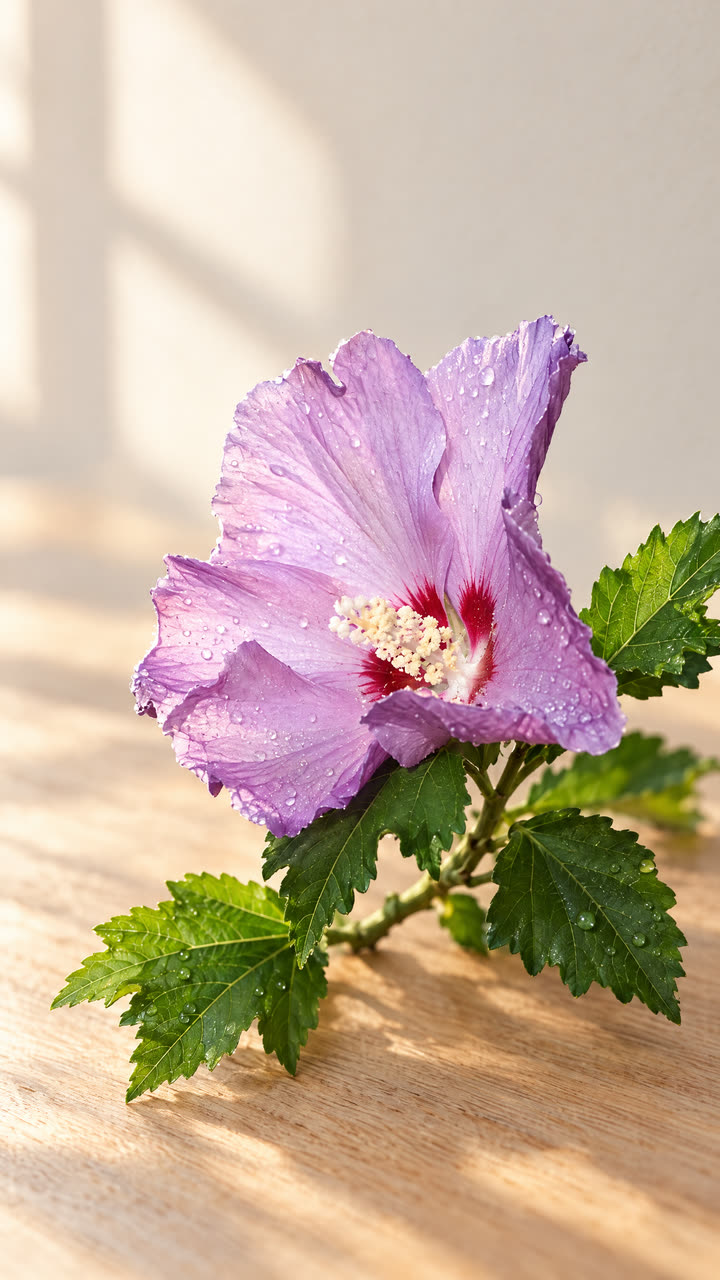 Studio-Bild, mit KI neu inszeniert: dieselbe Blüte als Schnittblume auf einem Holztisch, im Abendlicht. Das Produkt ist unverändert.