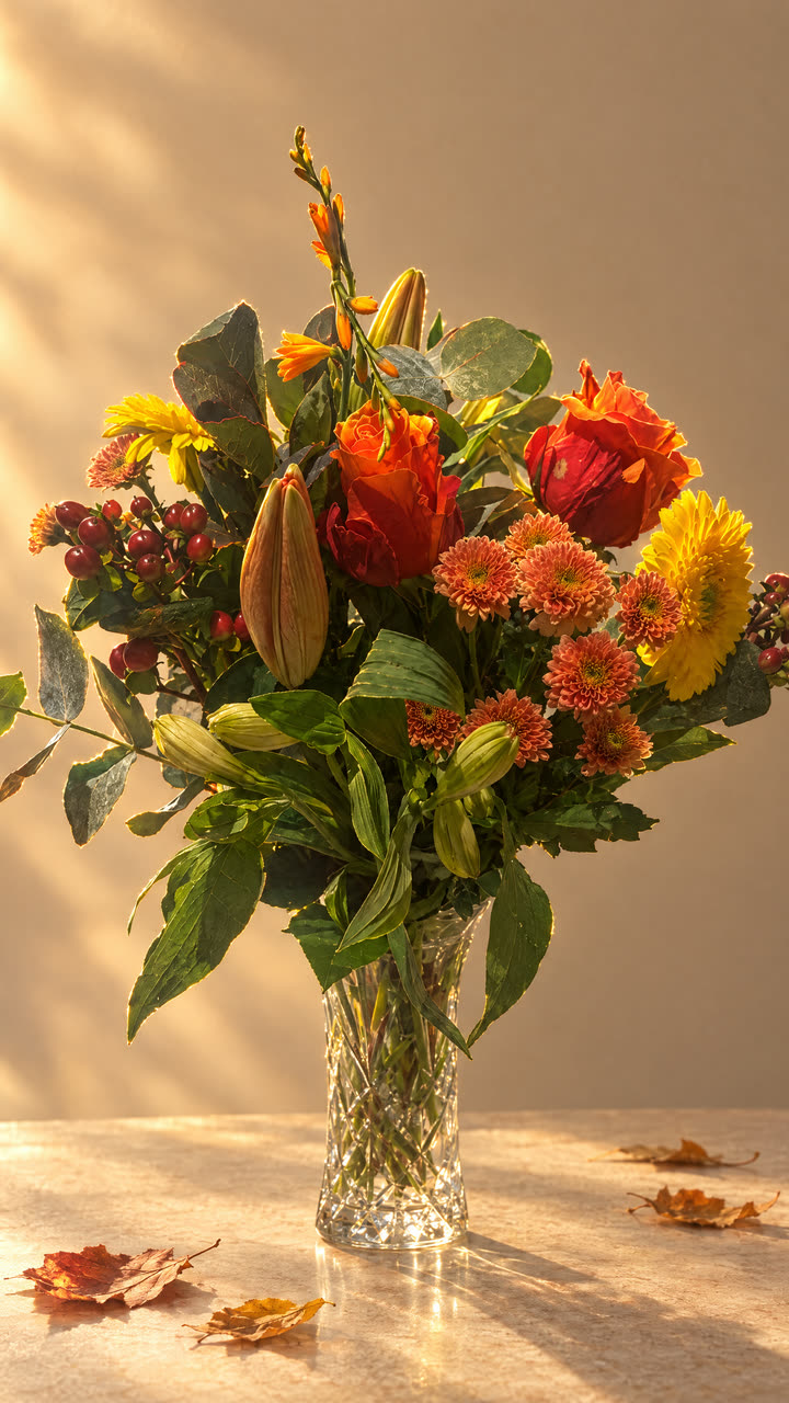 Studio image, restaged with AI: the same bouquet backlit on a pale stone table with autumn leaves. The product is unchanged.