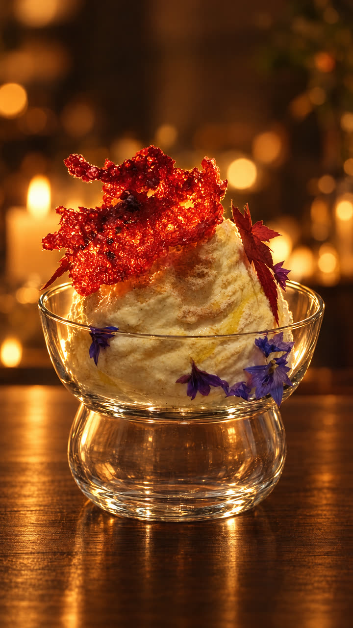 Studio image, restaged with AI: the same dessert in candlelight on dark wood. The product is unchanged.