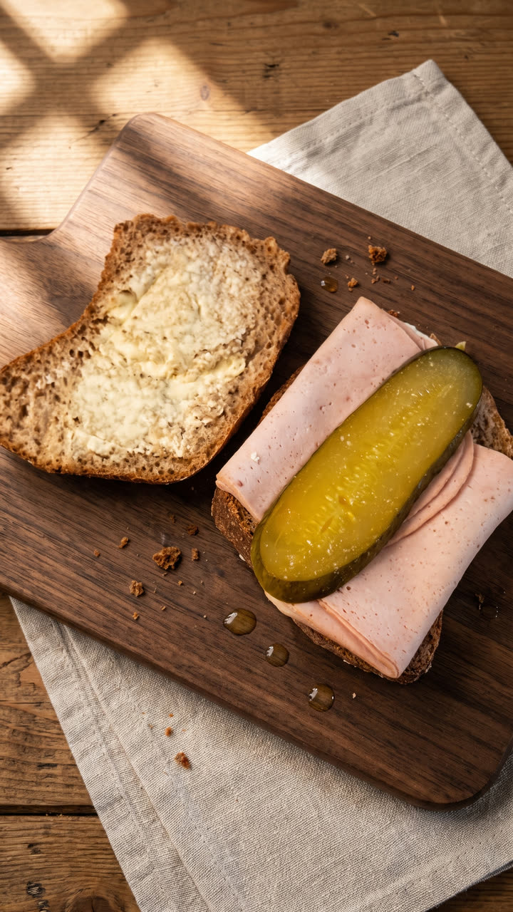 Studio-Bild, mit KI neu inszeniert: dasselbe Brot von oben auf einem Holzbrett mit Leinentuch, im Fensterlicht. Das Produkt ist unverändert.